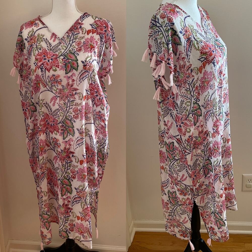 Hat Attack Buji Baja Floral Boho Tassel Swim Cover Up Kaftan Pink One Size New